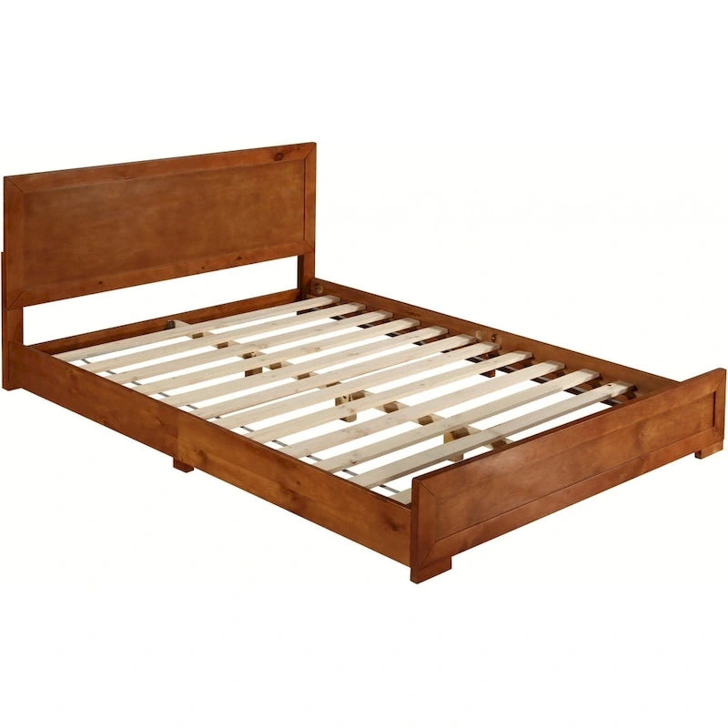 Brown Inlaid Panels Solid Wood Queen Bed Frame