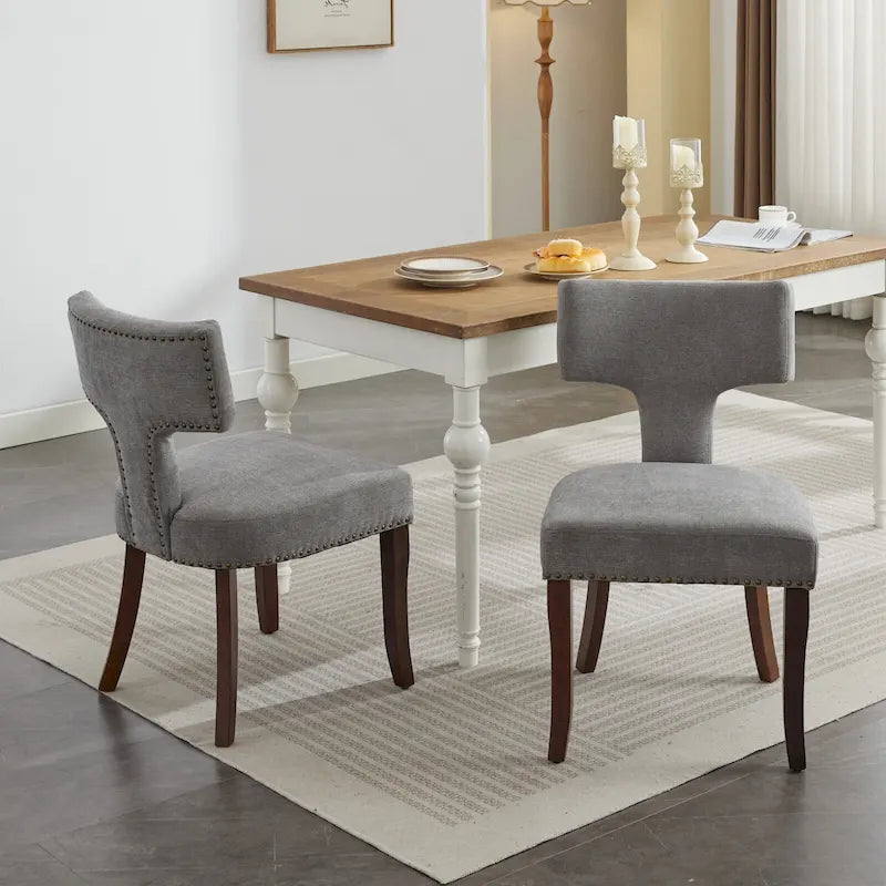 Modern Dining Chairs Set of 2, Linen Fabric Upholstered Accent Chair Curved Backrest Kitchen Chairs with Rubberwood Frame