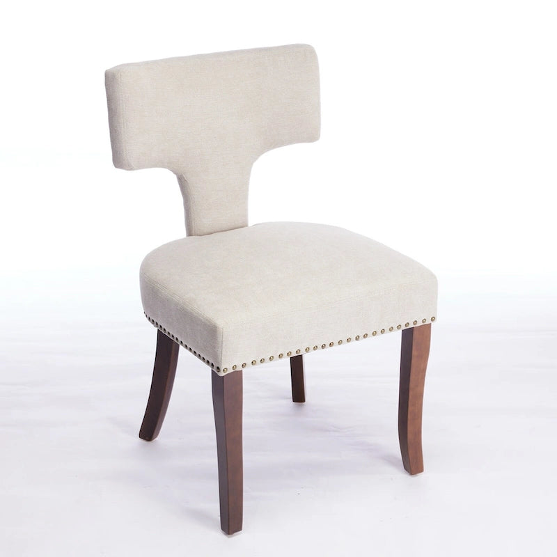 Modern Dining Chairs Set of 2, Linen Fabric Upholstered Accent Chair Curved Backrest Kitchen Chairs with Rubberwood Frame
