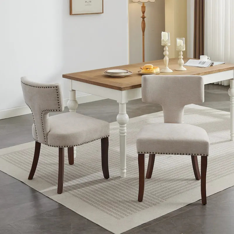 Modern Dining Chairs Set of 2, Linen Fabric Upholstered Accent Chair Curved Backrest Kitchen Chairs with Rubberwood Frame