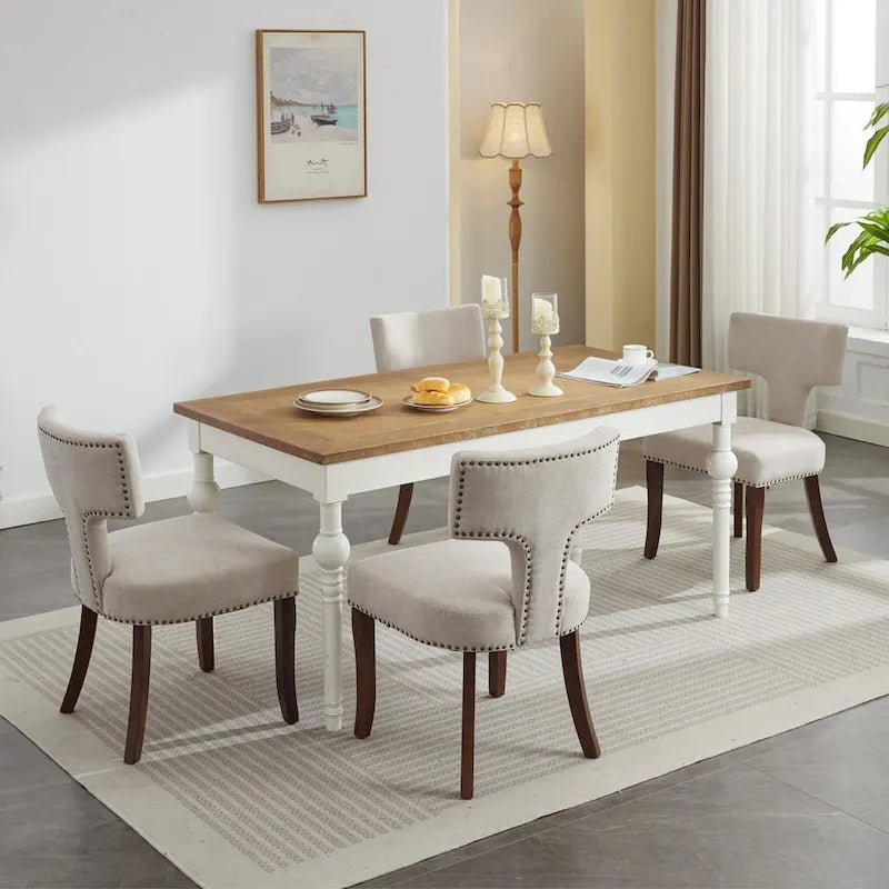 Modern Dining Chairs Set of 2, Linen Fabric Upholstered Accent Chair Curved Backrest Kitchen Chairs with Rubberwood Frame