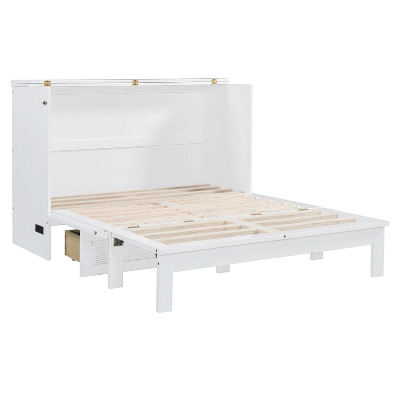 Full/Queen Size Murphy Bed Wall Bed with a Large Storage Drawer, Space Saving Murphy Cabinet Bed w/ a set of Sockets & USB Ports
