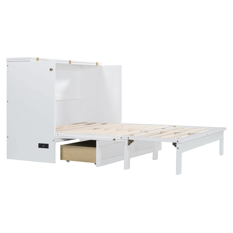 Full/Queen Size Murphy Bed Wall Bed with a Large Storage Drawer, Space Saving Murphy Cabinet Bed w/ a set of Sockets & USB Ports