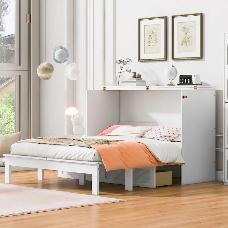 Full/Queen Size Murphy Bed Wall Bed with a Large Storage Drawer, Space Saving Murphy Cabinet Bed w/ a set of Sockets & USB Ports