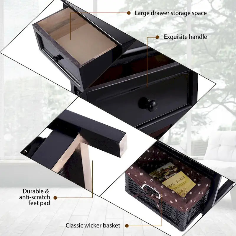 Black 3-Tier Nightstand with 1 Drawer and 2 Baskets