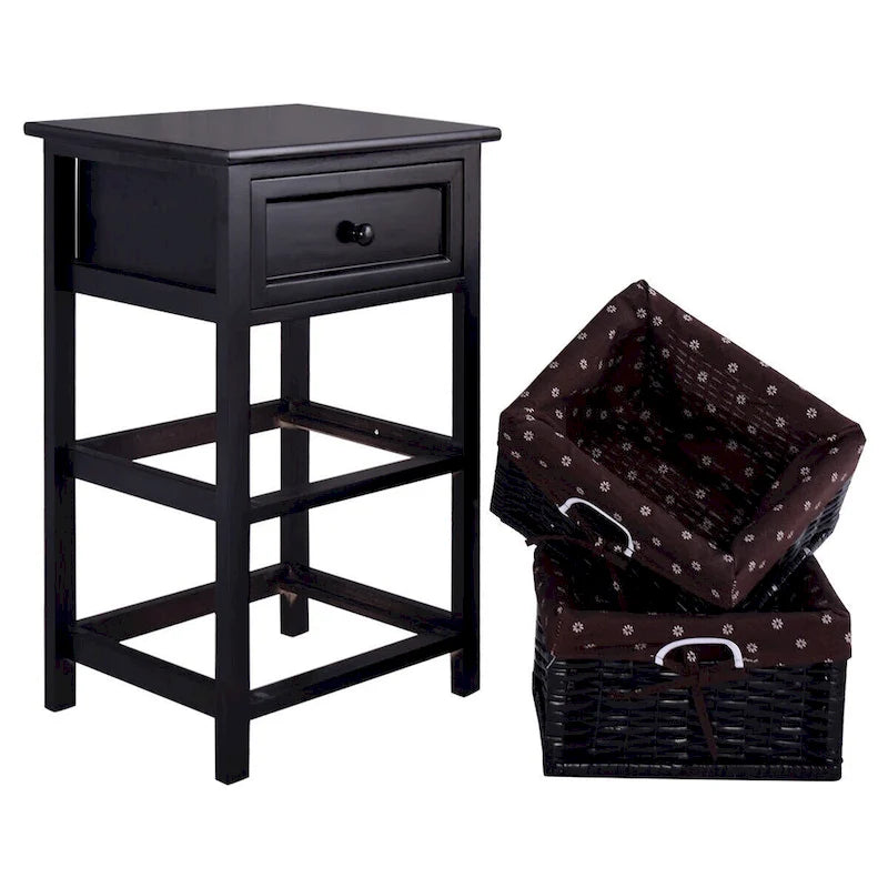 Black 3-Tier Nightstand with 1 Drawer and 2 Baskets