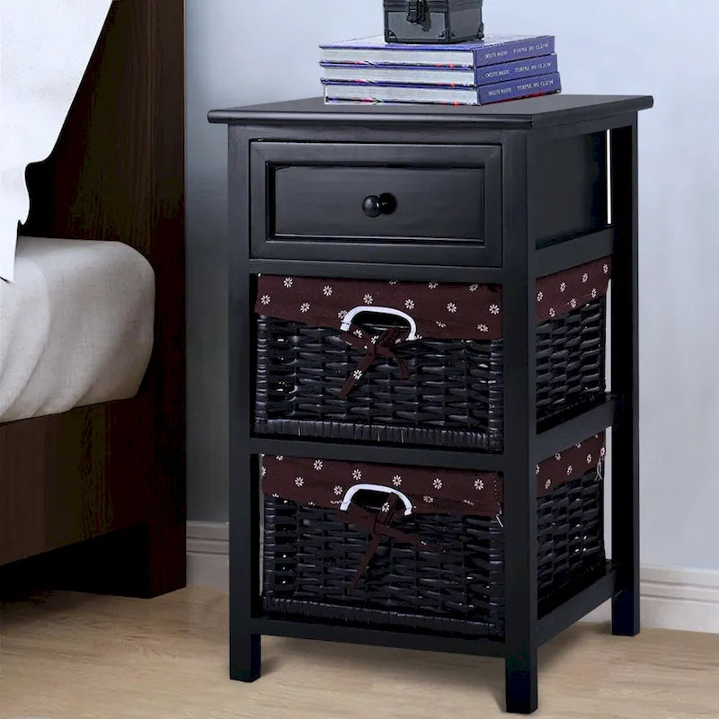 Black 3-Tier Nightstand with 1 Drawer and 2 Baskets