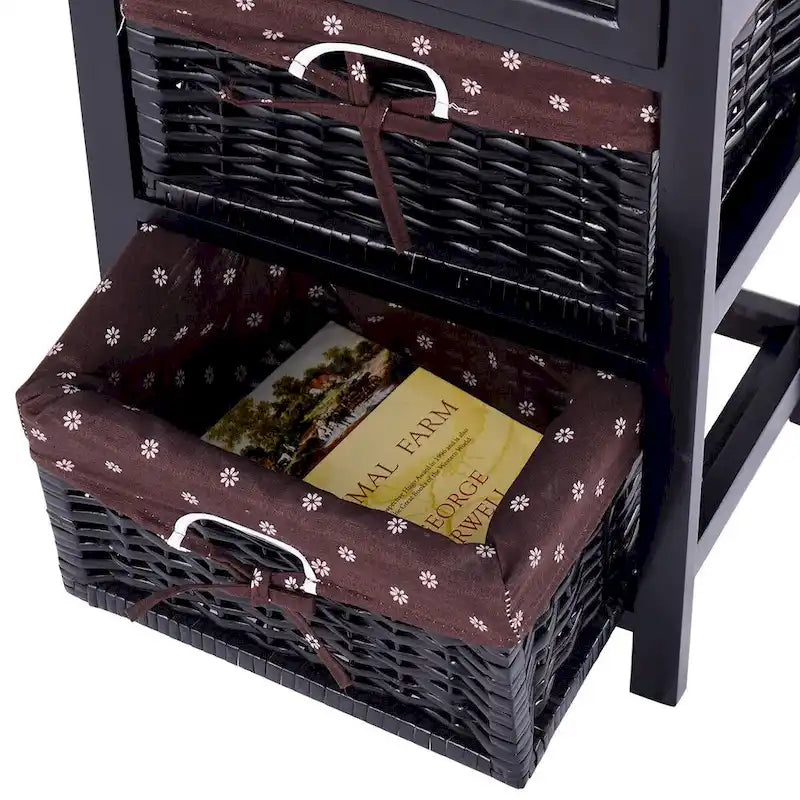 Black 3-Tier Nightstand with 1 Drawer and 2 Baskets