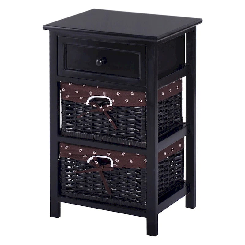 Black 3-Tier Nightstand with 1 Drawer and 2 Baskets