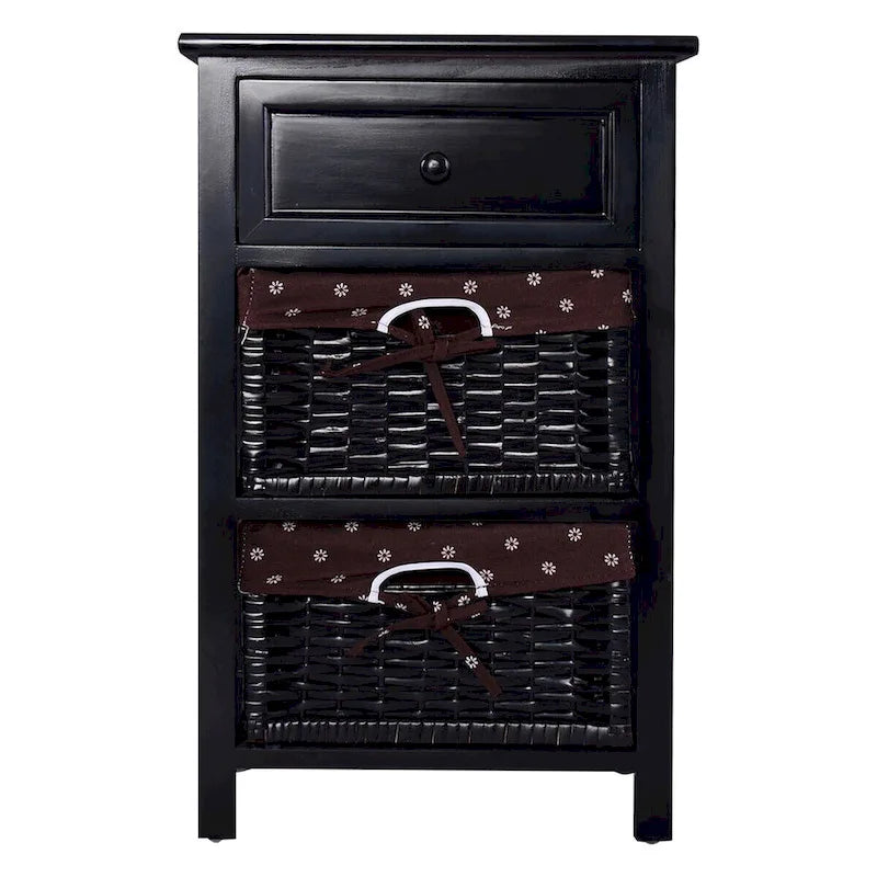 Black 3-Tier Nightstand with 1 Drawer and 2 Baskets