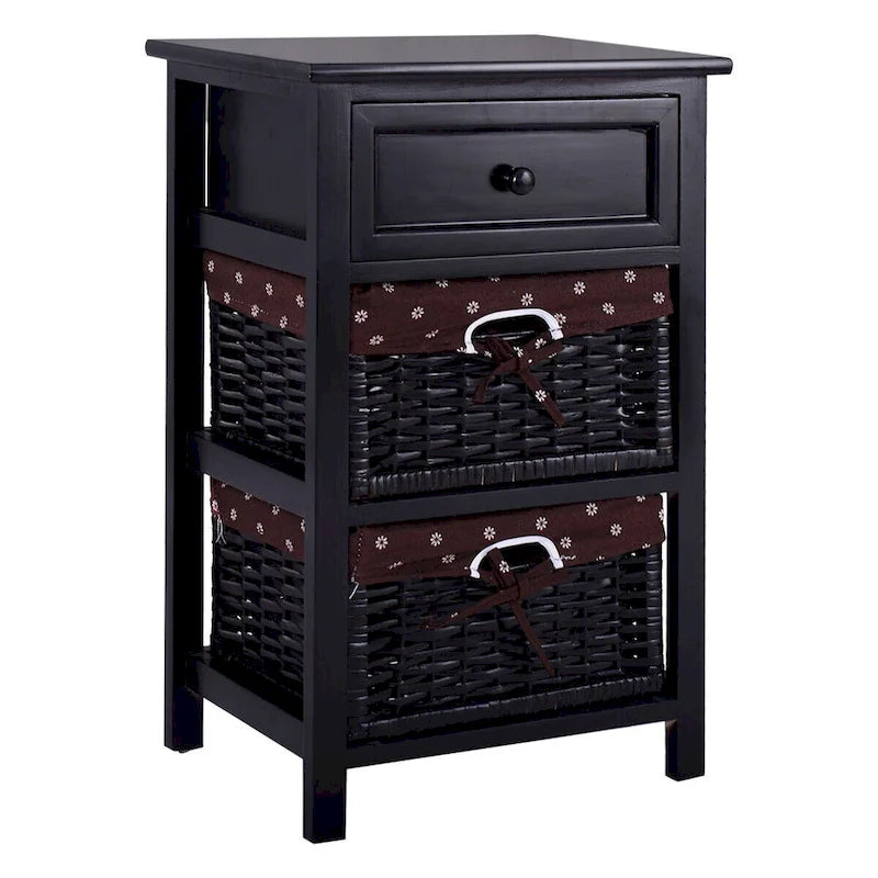 Black 3-Tier Nightstand with 1 Drawer and 2 Baskets