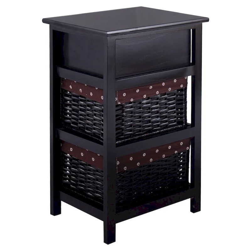 Black 3-Tier Nightstand with 1 Drawer and 2 Baskets