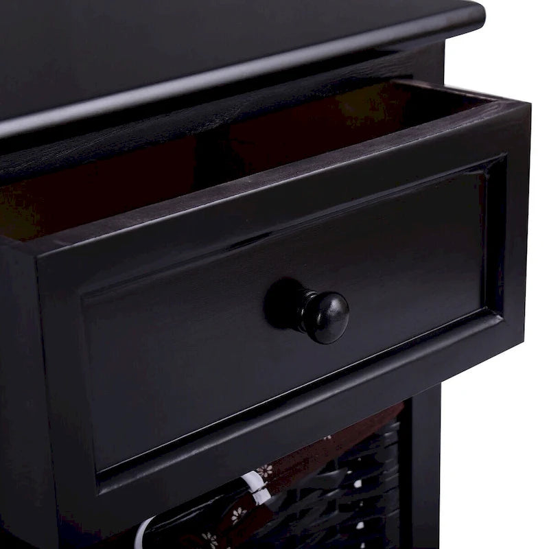Black 3-Tier Nightstand with 1 Drawer and 2 Baskets
