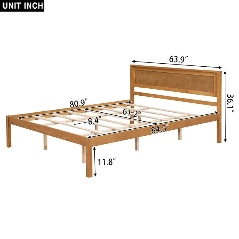 Pine Wooden Platform Bed with Slat Support and Headboard