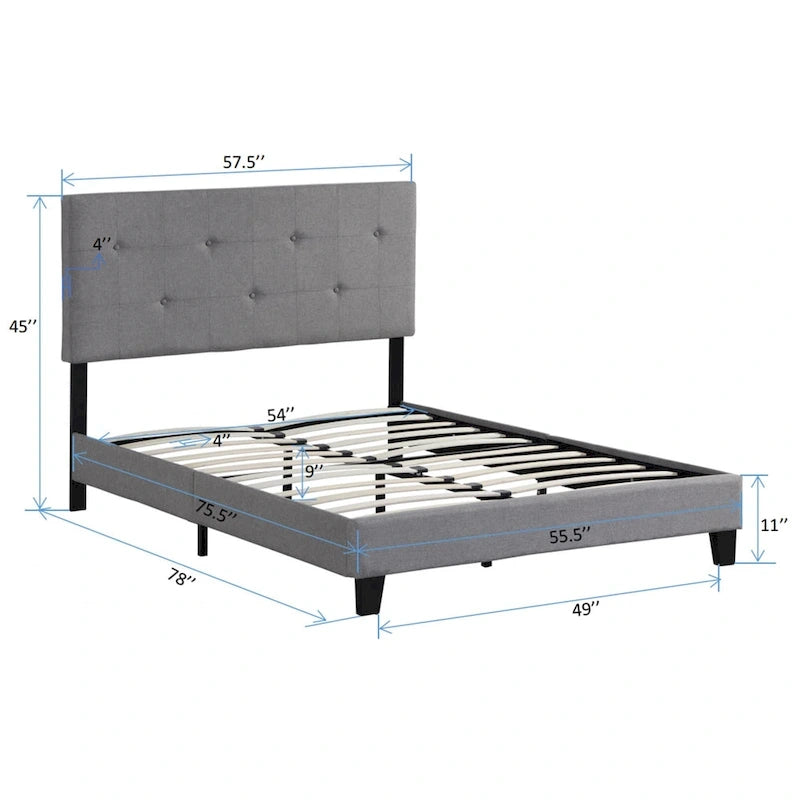 Grey Linen Upholstered Full Size Platform Bed with Pull Point Tufted Headboard, Strong Wood Slat Support, No Box Spring Needed