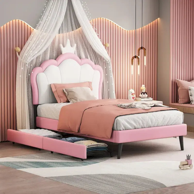 Upholstered Princess Bed with Crown Headboard & Drawers