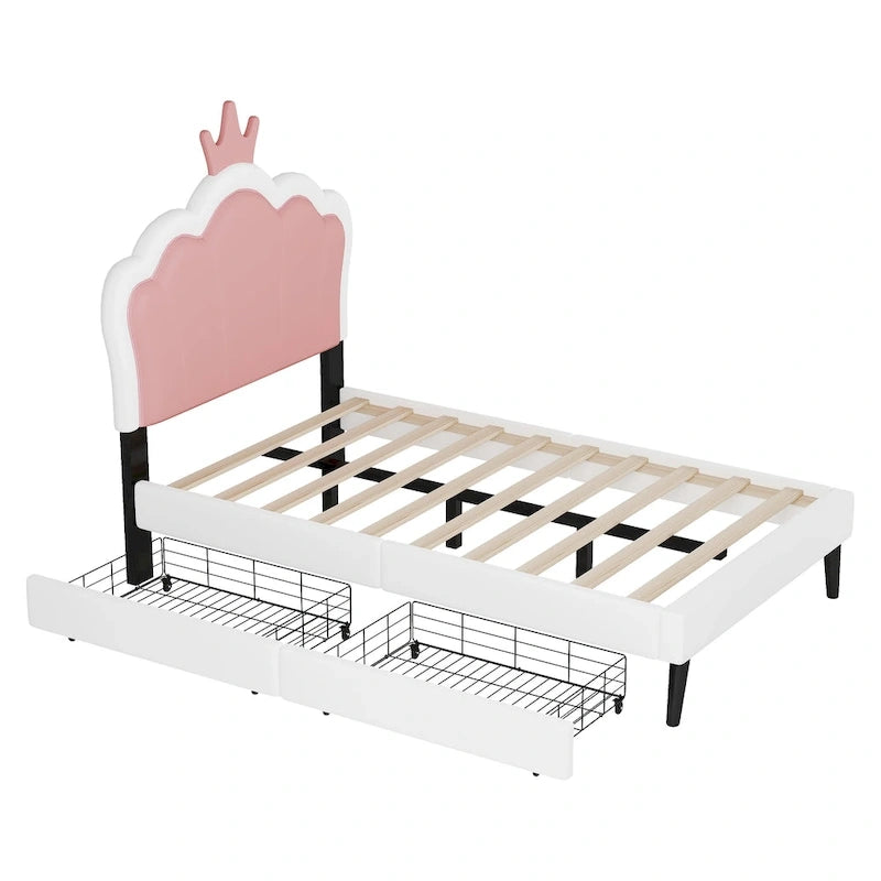 Upholstered Princess Bed with Crown Headboard & Drawers