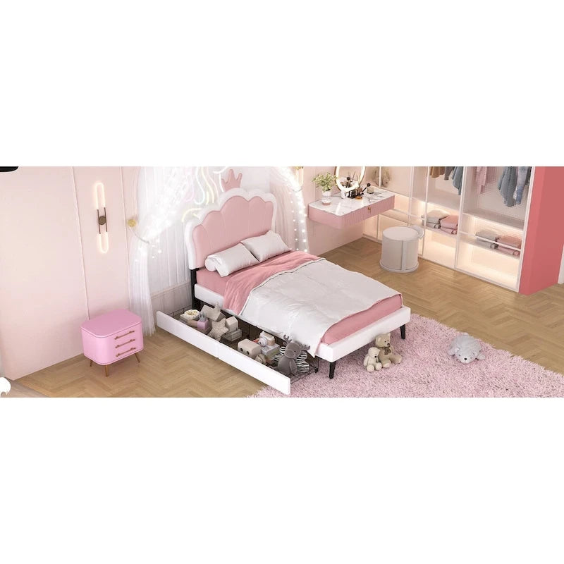 Upholstered Princess Bed with Crown Headboard & Drawers