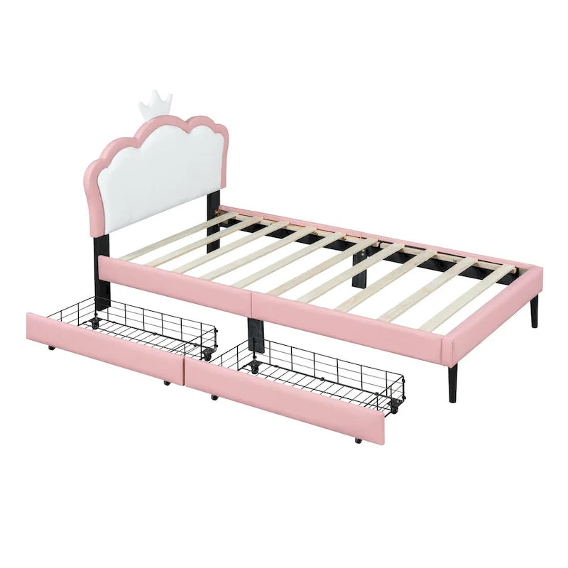 Upholstered Princess Bed with Crown Headboard & Drawers