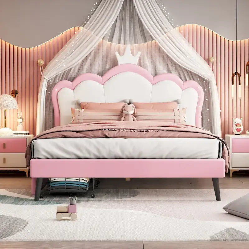 Upholstered Princess Bed with Crown Headboard & Drawers