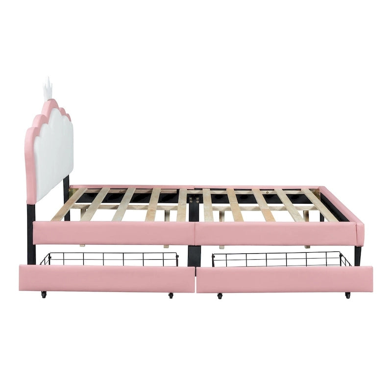 Upholstered Princess Bed with Crown Headboard & Drawers
