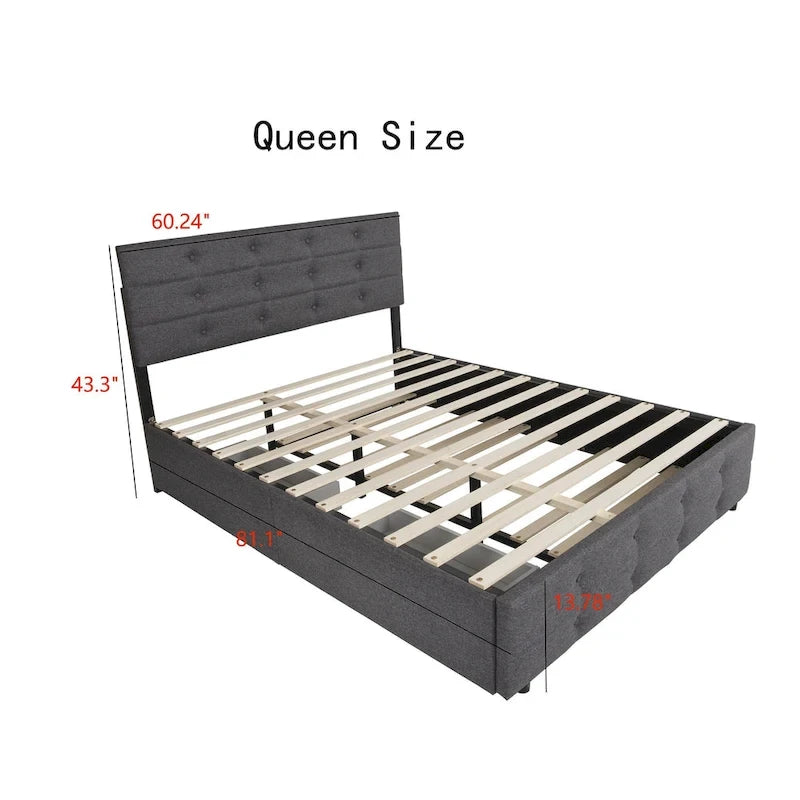 Queen Size Linen Button Tufted Platform Bed Frame with 2 Storage Drawers & Trundle