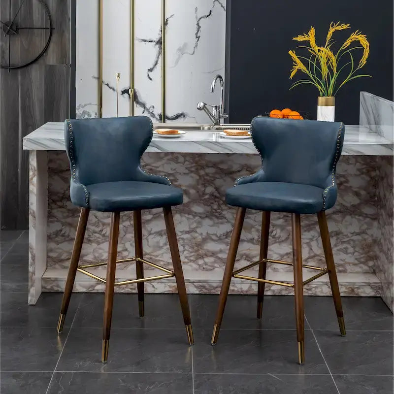 Mid-Century Modern Faux Leather Tufted Nailhead Barstool Set of 2