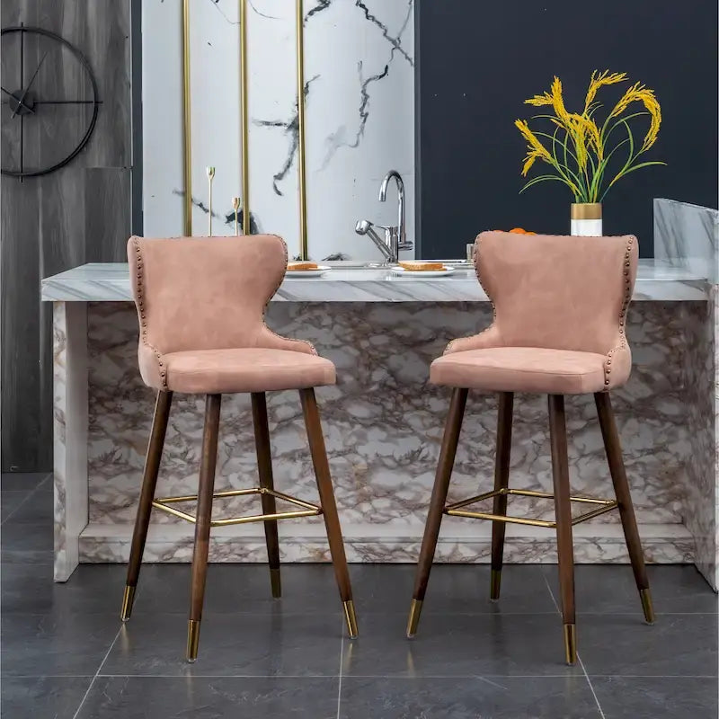 Mid-Century Modern Faux Leather Tufted Nailhead Barstool Set of 2