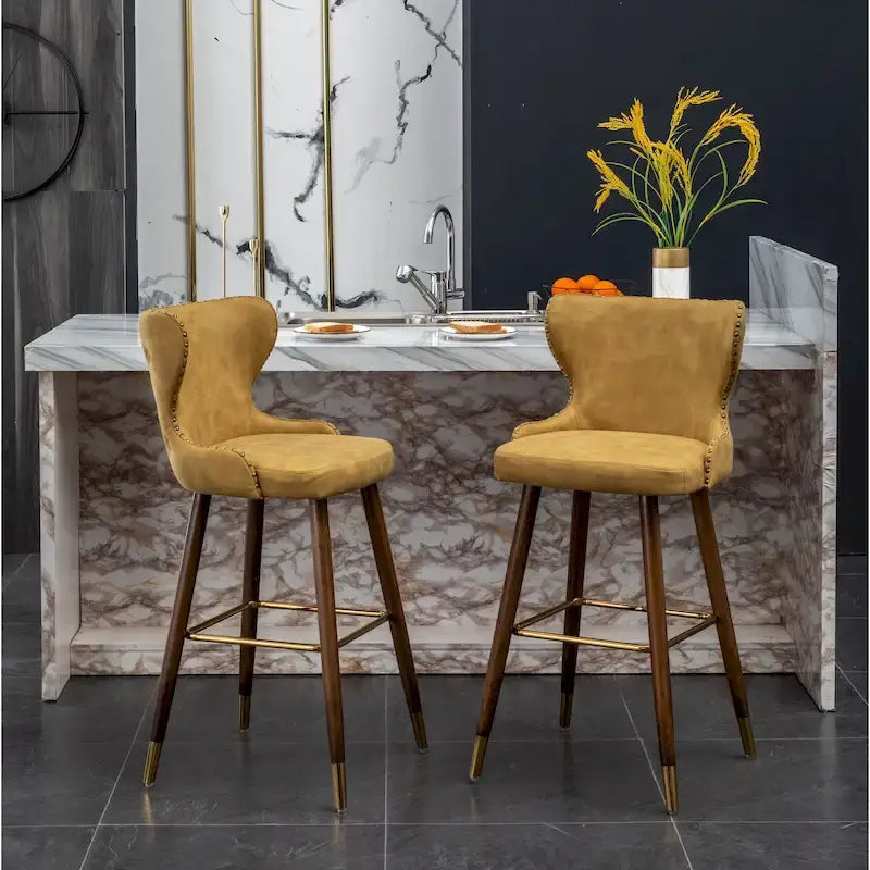 Mid-Century Modern Faux Leather Tufted Nailhead Barstool Set of 2