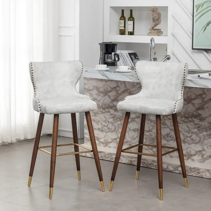 Mid-Century Modern Faux Leather Tufted Nailhead Barstool Set of 2