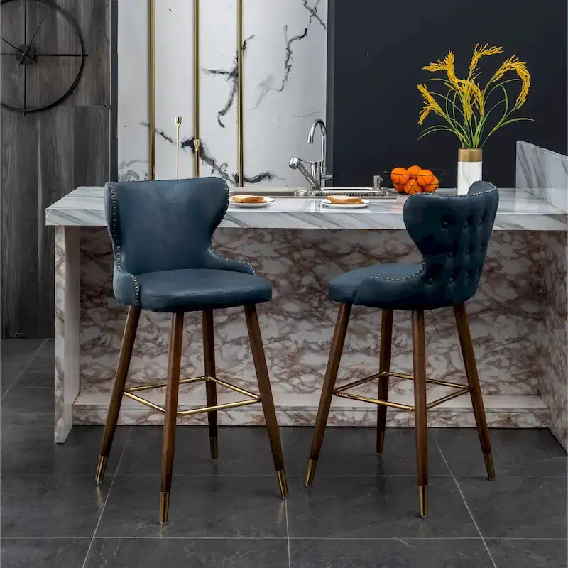 Mid-Century Modern Faux Leather Tufted Nailhead Barstool Set of 2