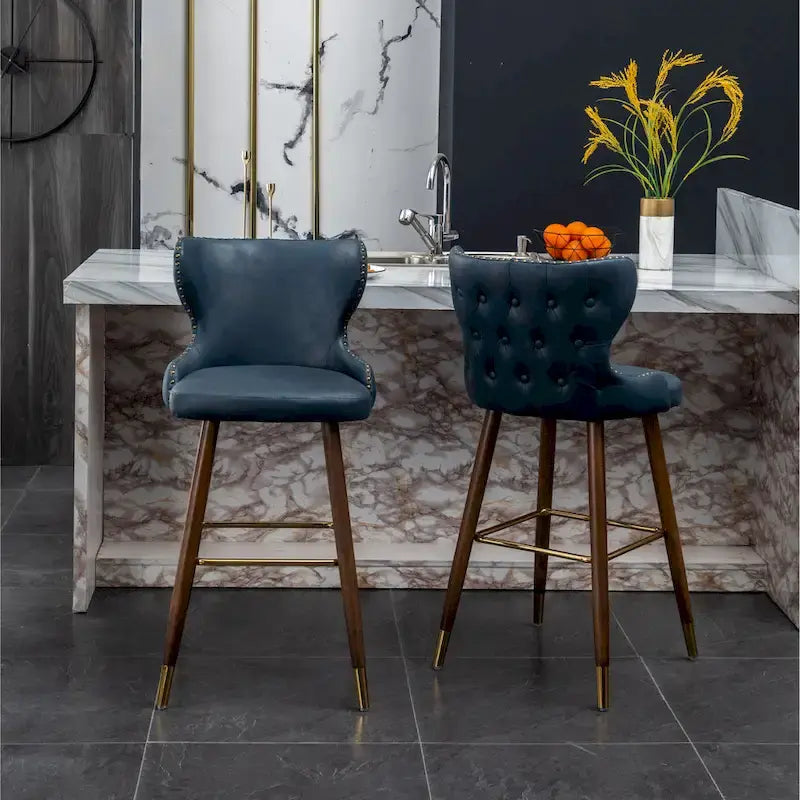 Mid-Century Modern Faux Leather Tufted Nailhead Barstool Set of 2