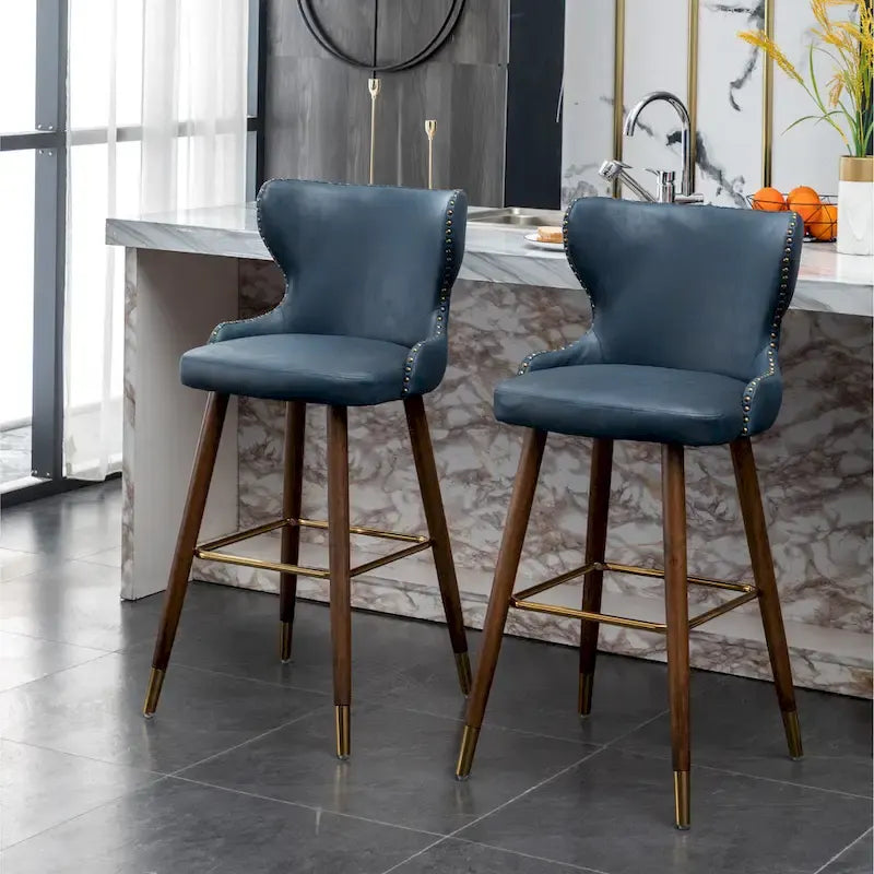 Mid-Century Modern Faux Leather Tufted Nailhead Barstool Set of 2