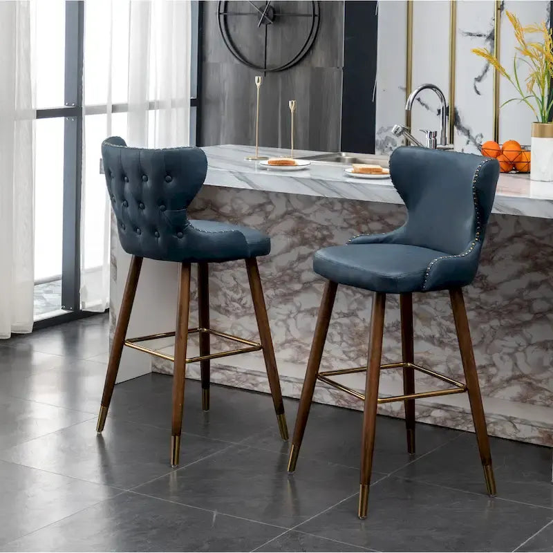 Mid-Century Modern Faux Leather Tufted Nailhead Barstool Set of 2