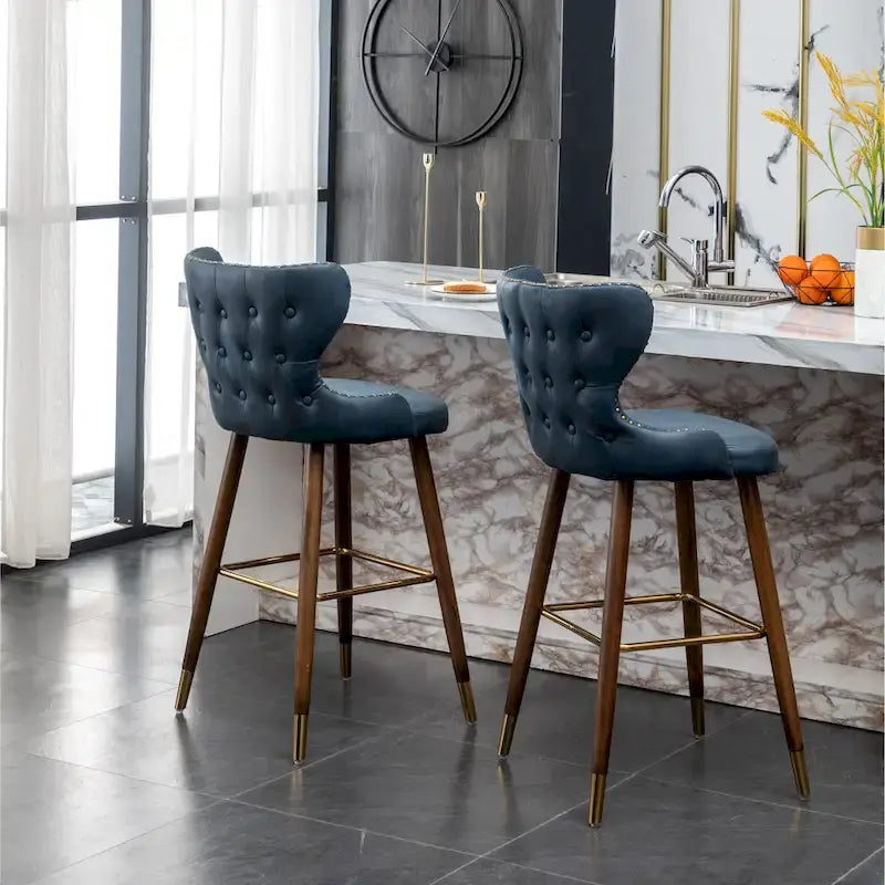Mid-Century Modern Faux Leather Tufted Nailhead Barstool Set of 2