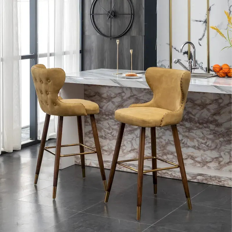 Mid-Century Modern Faux Leather Tufted Nailhead Barstool Set of 2