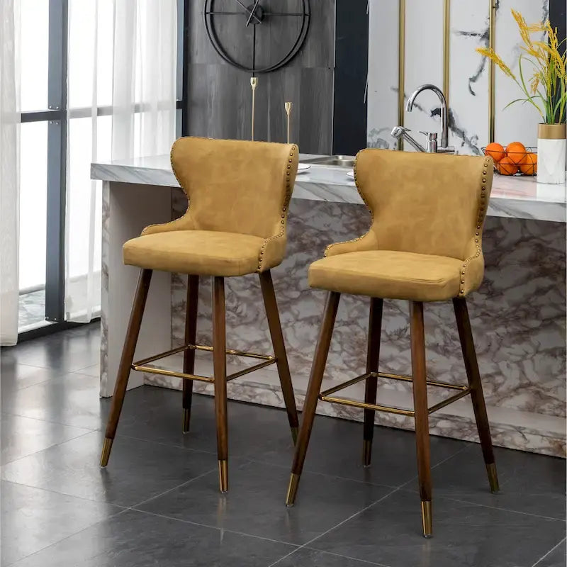 Mid-Century Modern Faux Leather Tufted Nailhead Barstool Set of 2