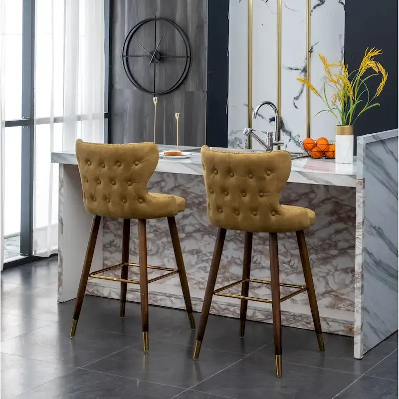 Mid-Century Modern Faux Leather Tufted Nailhead Barstool Set of 2