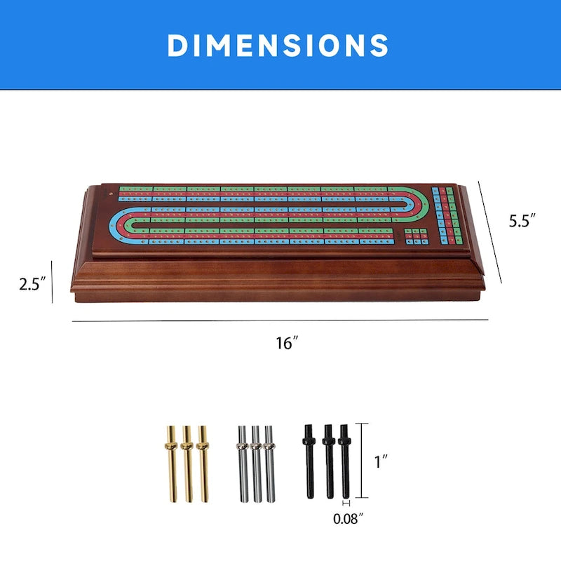 3-Track Wooden Cribbage Board Box Set with Cards & Pegs