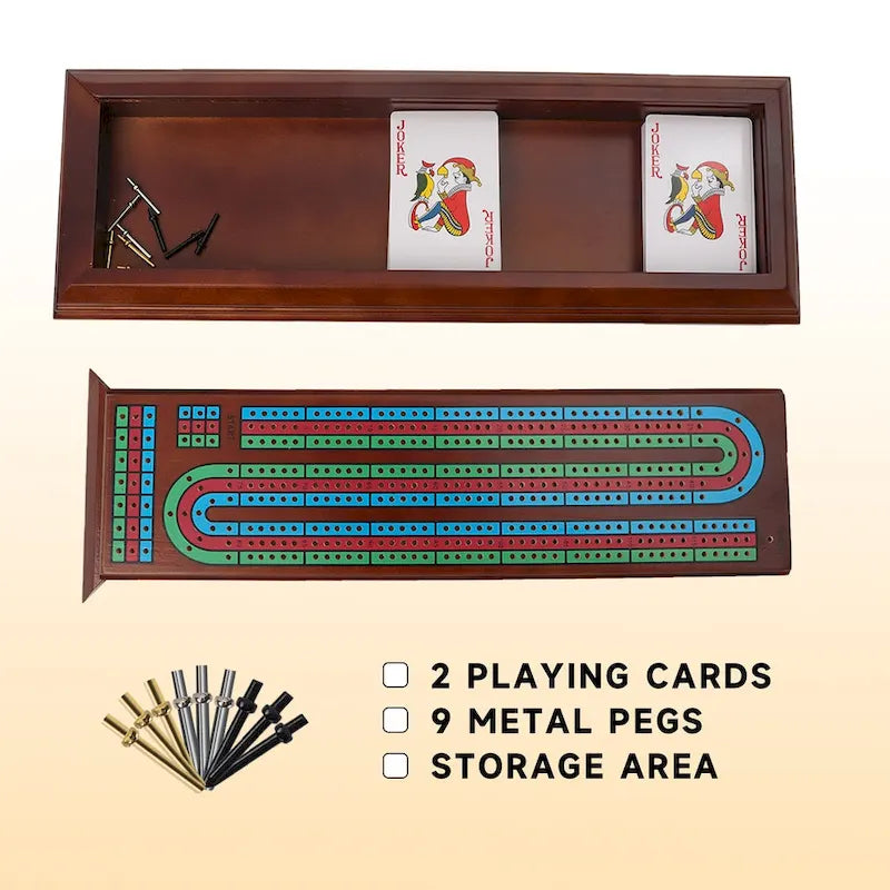 3-Track Wooden Cribbage Board Box Set with Cards & Pegs