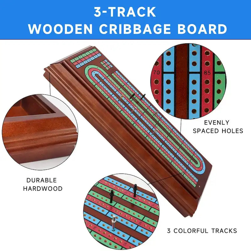 3-Track Wooden Cribbage Board Box Set with Cards & Pegs