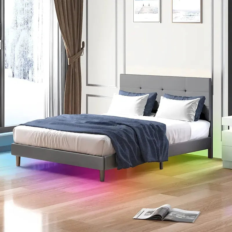 Bed Frame with Smart RGB LED Lights, Button Tufted PVC Headboard, No Box Spring Needed