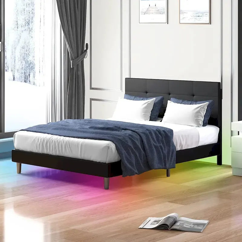 Bed Frame with Smart RGB LED Lights, Button Tufted PVC Headboard, No Box Spring Needed
