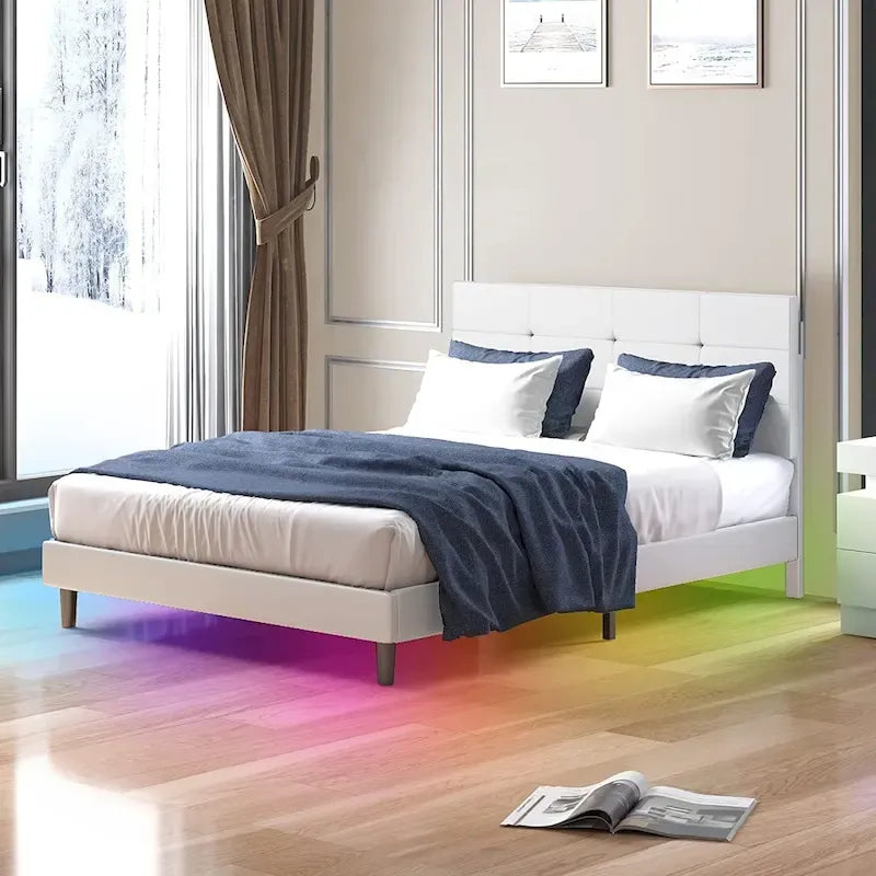 Bed Frame with Smart RGB LED Lights, Button Tufted PVC Headboard, No Box Spring Needed