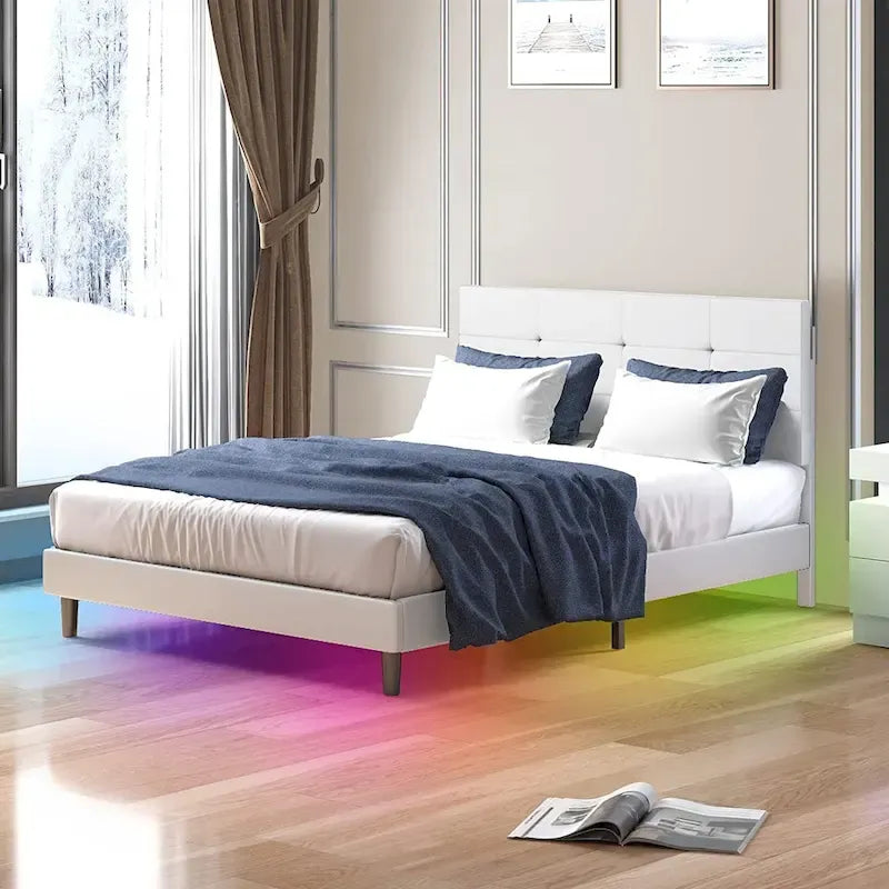 Bed Frame with Smart RGB LED Lights, Button Tufted PVC Headboard, No Box Spring Needed