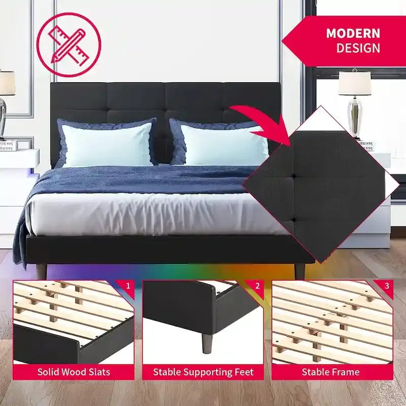 Bed Frame with Smart RGB LED Lights, Button Tufted PVC Headboard, No Box Spring Needed