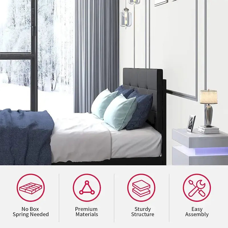 Bed Frame with Smart RGB LED Lights, Button Tufted PVC Headboard, No Box Spring Needed
