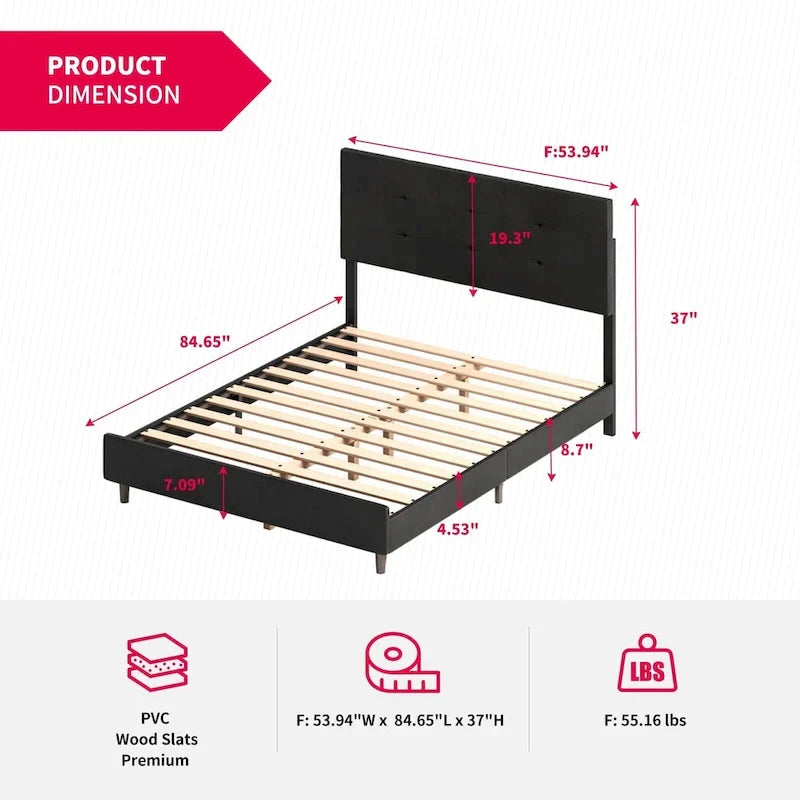 Bed Frame with Smart RGB LED Lights, Button Tufted PVC Headboard, No Box Spring Needed