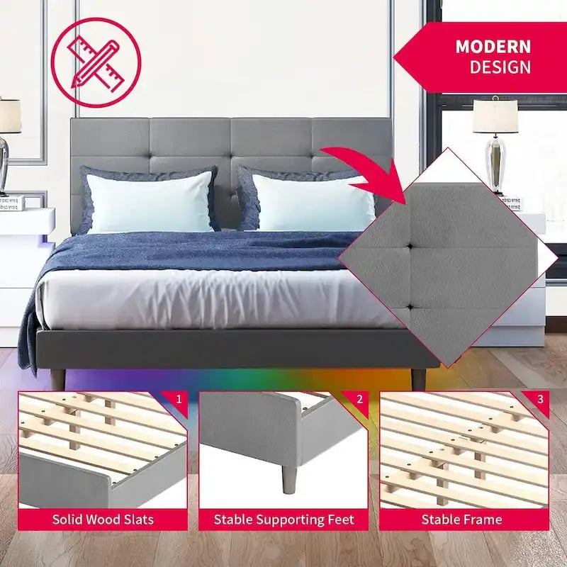 Bed Frame with Smart RGB LED Lights, Button Tufted PVC Headboard, No Box Spring Needed