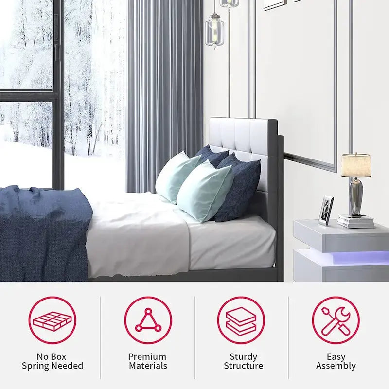 Bed Frame with Smart RGB LED Lights, Button Tufted PVC Headboard, No Box Spring Needed